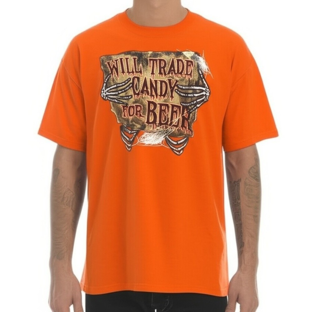 Gildan Mens 2XL Orange Halloween Graphic T-Shirt Skeleton Hands‎ Novelty